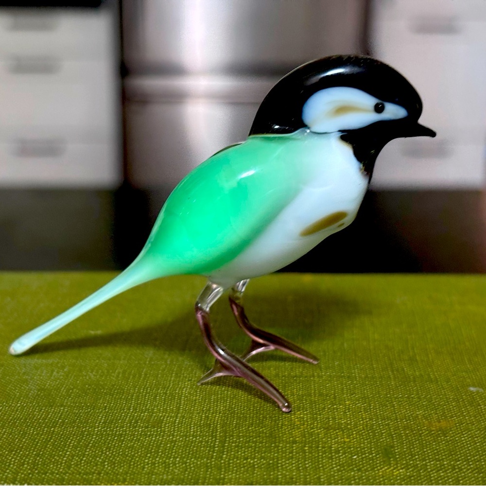 Glass Bird Figurine - Green and Black Chickadee by Murano